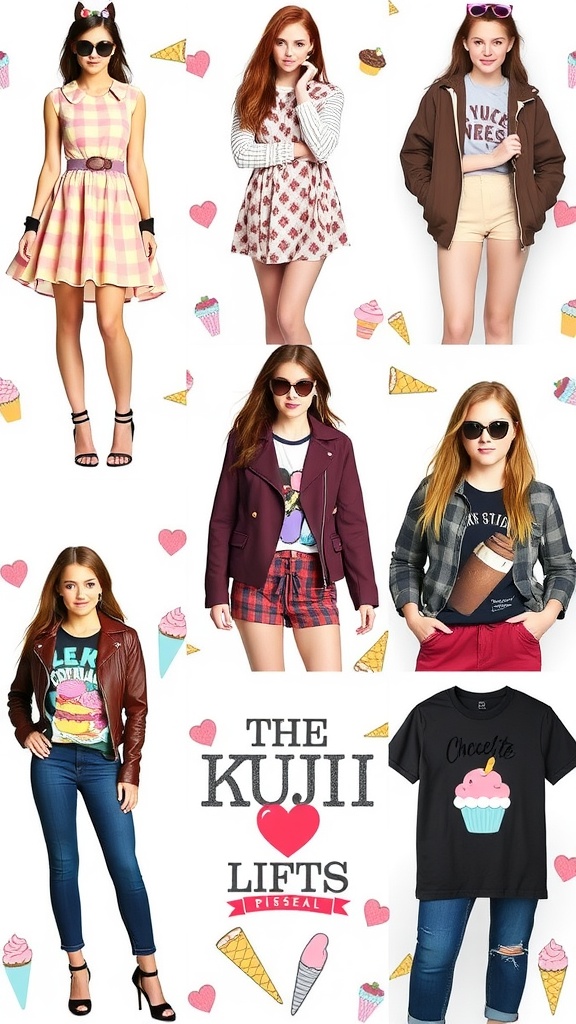A vibrant display of dessert-inspired outfits, including pastel dresses, chocolate-themed styles, and playful graphic tees.